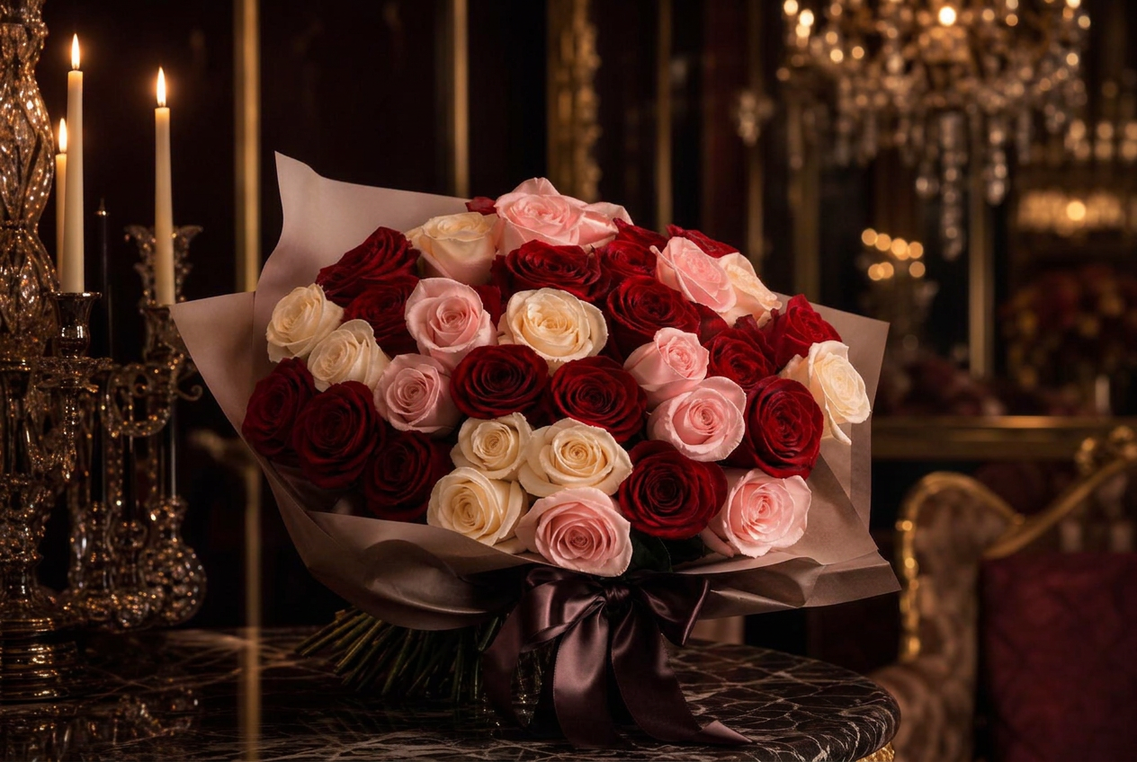 Hand-tied bouquet of red, pink and cream roses